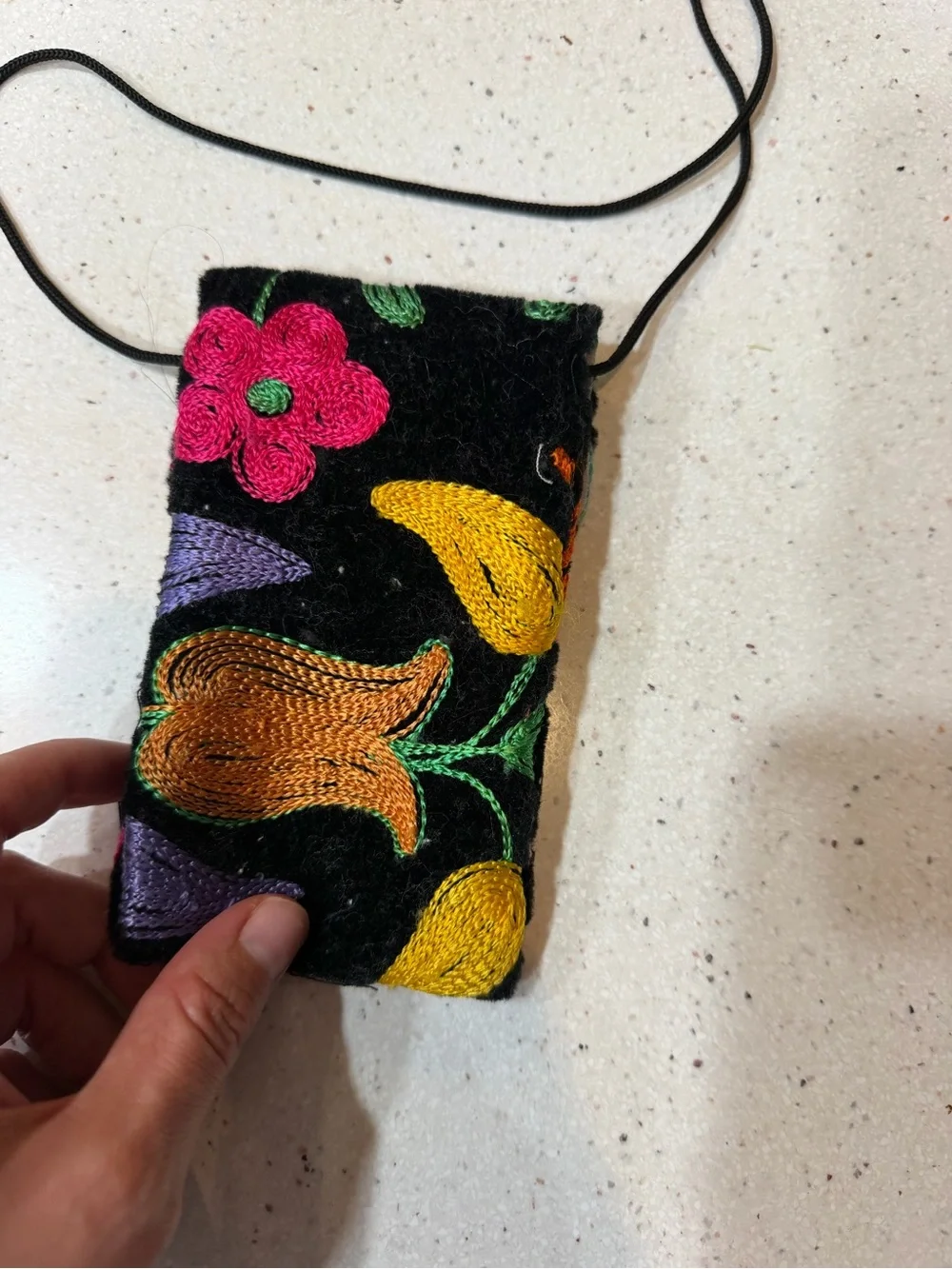 Embroidered Black Floral Phone Pouch - Handcrafted Accessory